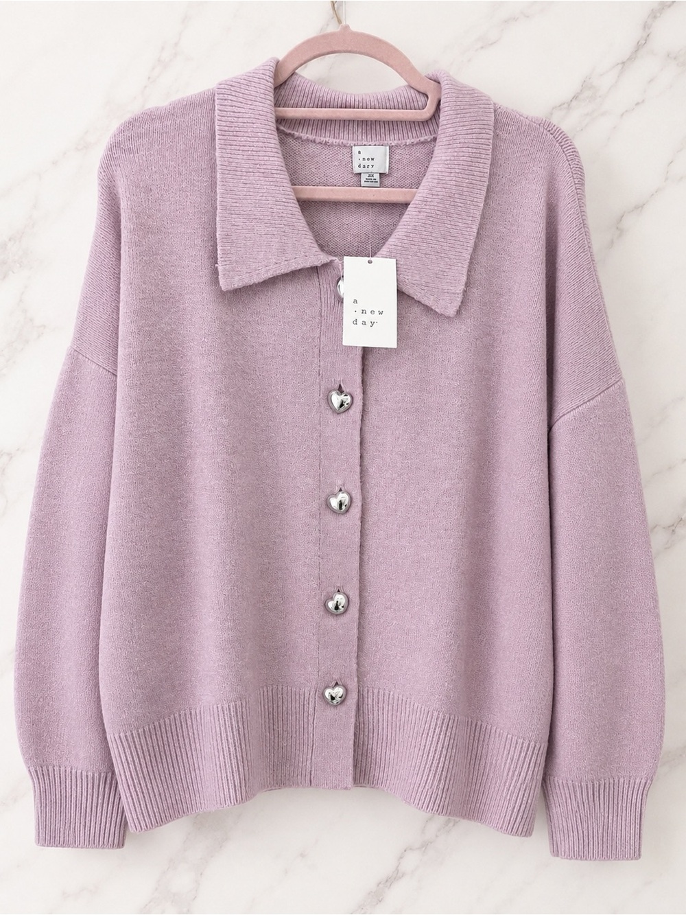 a new day pink Button-Front Collared Cardigan with Heart Buttons